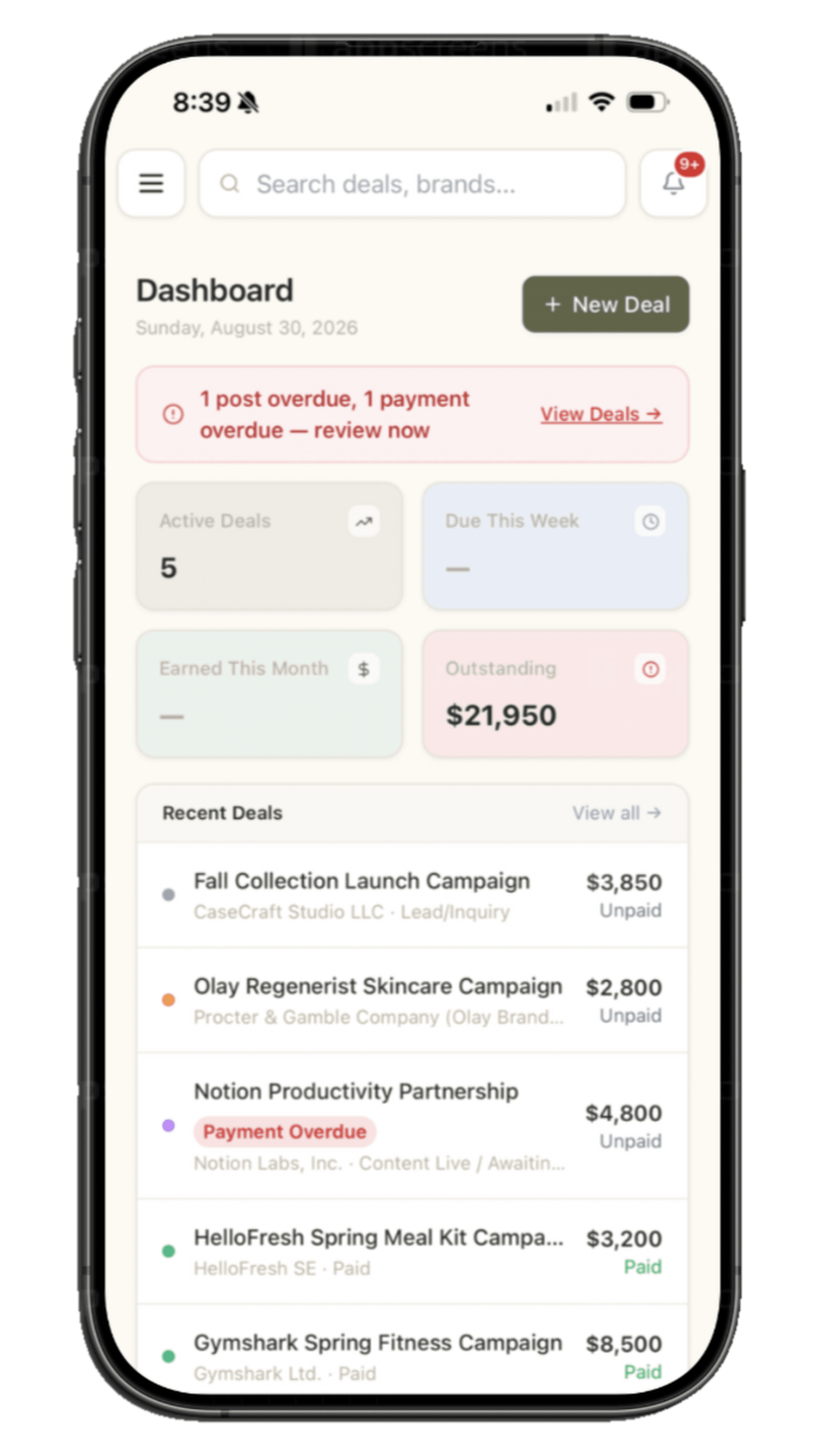 InfluencerNest dashboard on mobile: active deals, outstanding balance, and recent deal activity