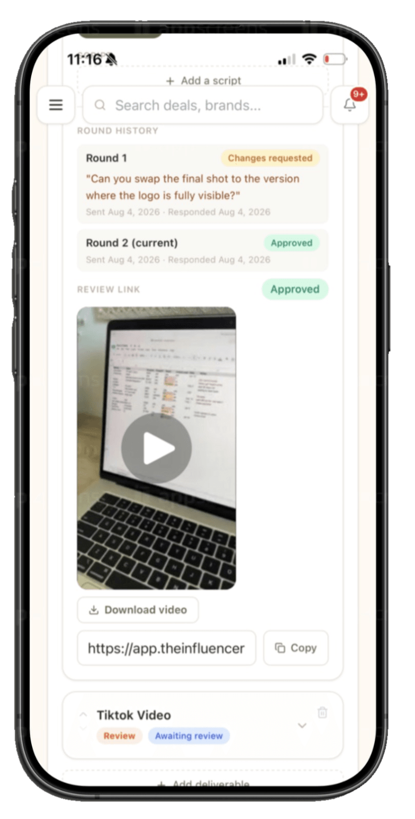 InfluencerNest deliverable review on mobile: a shareable review link, revision round history, and brand approval status