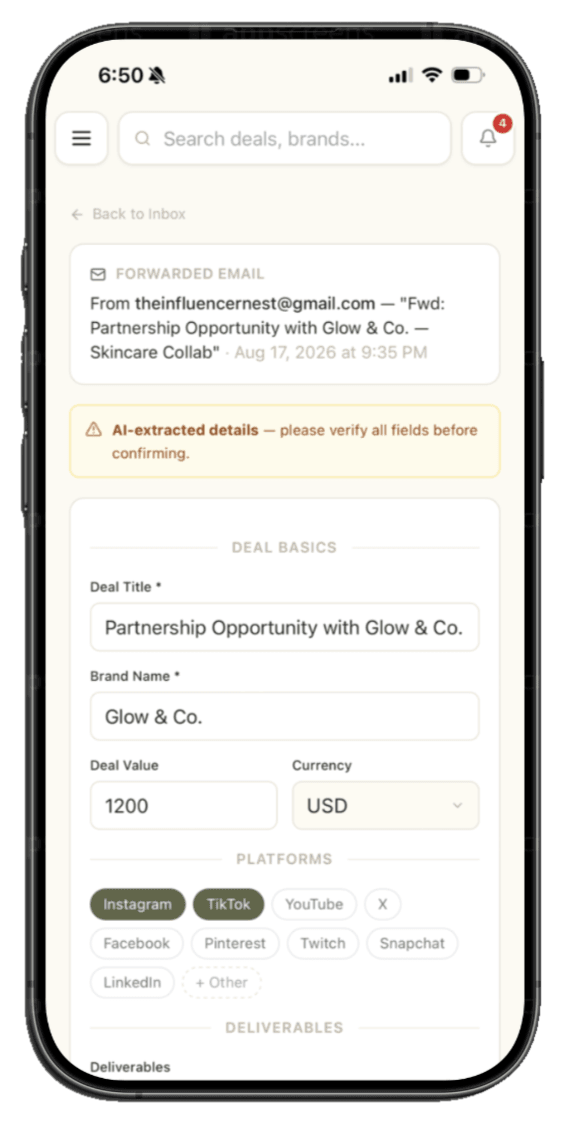 InfluencerNest email-to-deal: a forwarded brand email with AI-extracted deal details ready to confirm