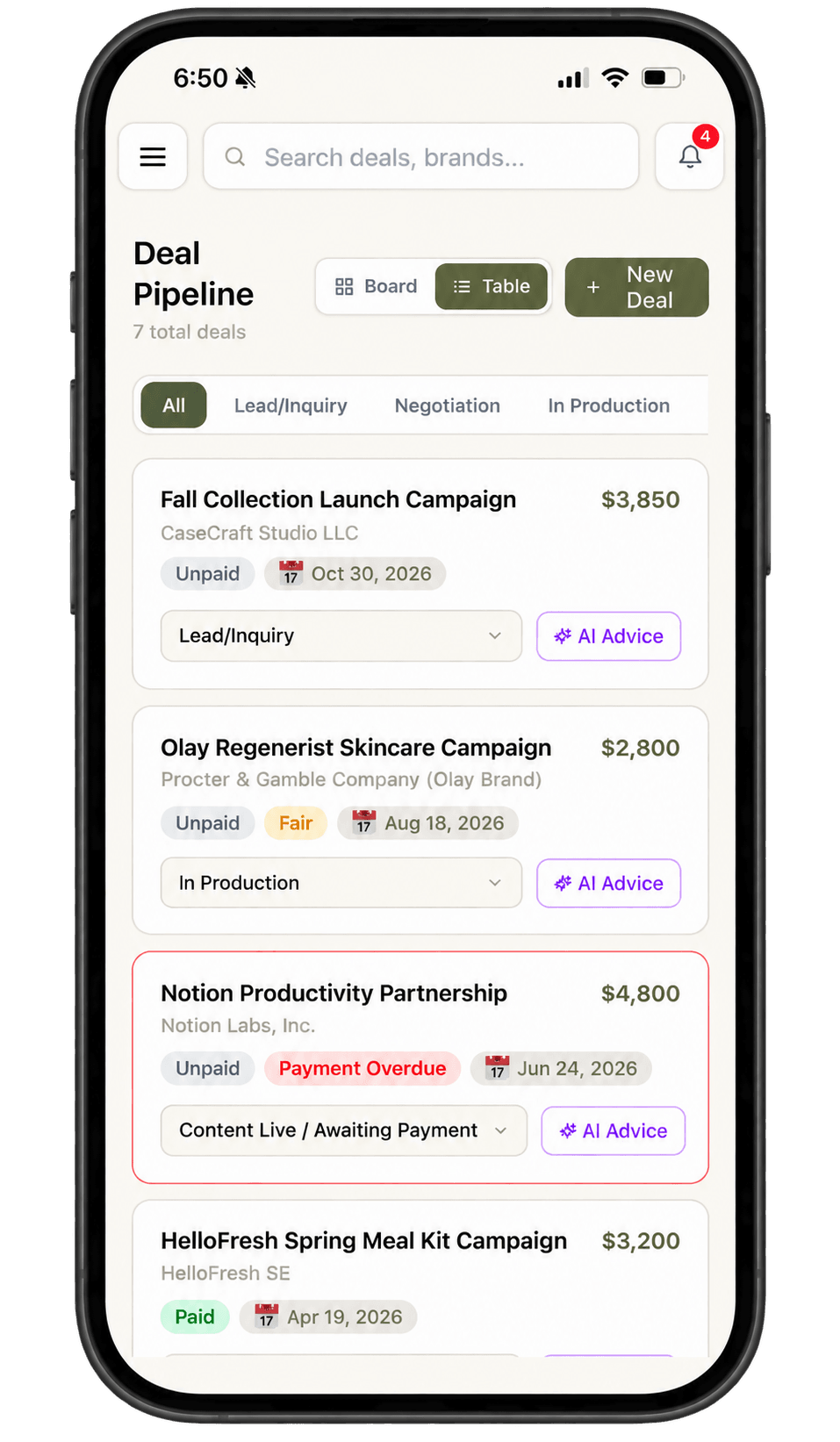 InfluencerNest deal pipeline on mobile: table view with stage, status, and AI advice per deal